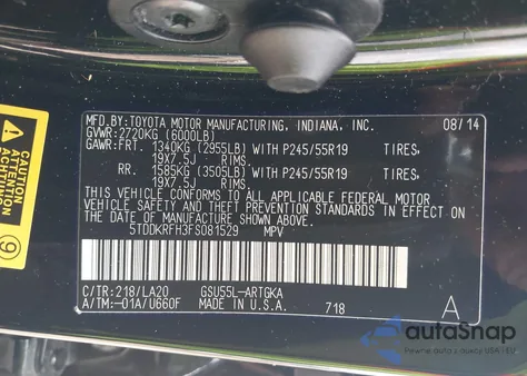 2015 Toyota Highlander Limited V6 из США, поврежденный, VIN 5TDDKRFH3FS081529